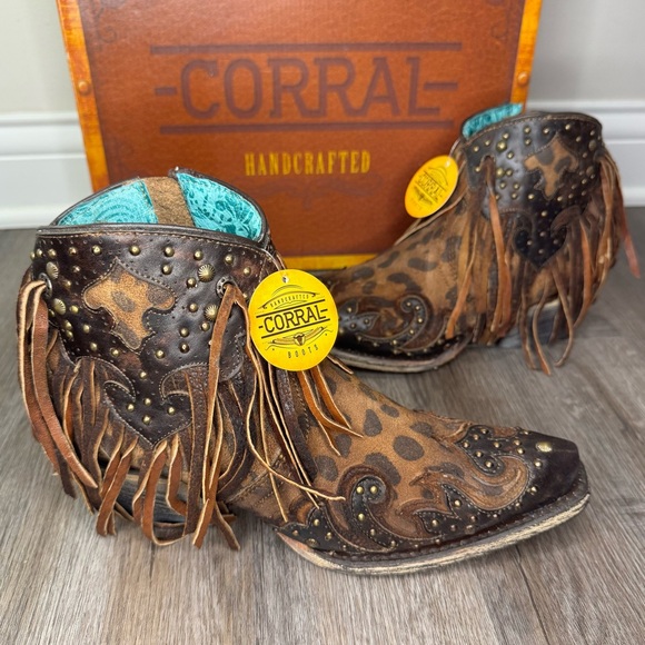 Corral Fringe Leopard Honey Brown Leather Calf Hair Cowboy Western